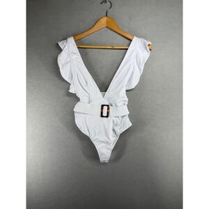 Nasty Gal White Belted One Piece Swimsuit Ruffle High Leg V-Neck sz small newl